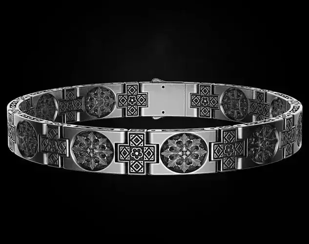 Stylish wide mens bracelet with patterns of the cross 44 3D print model