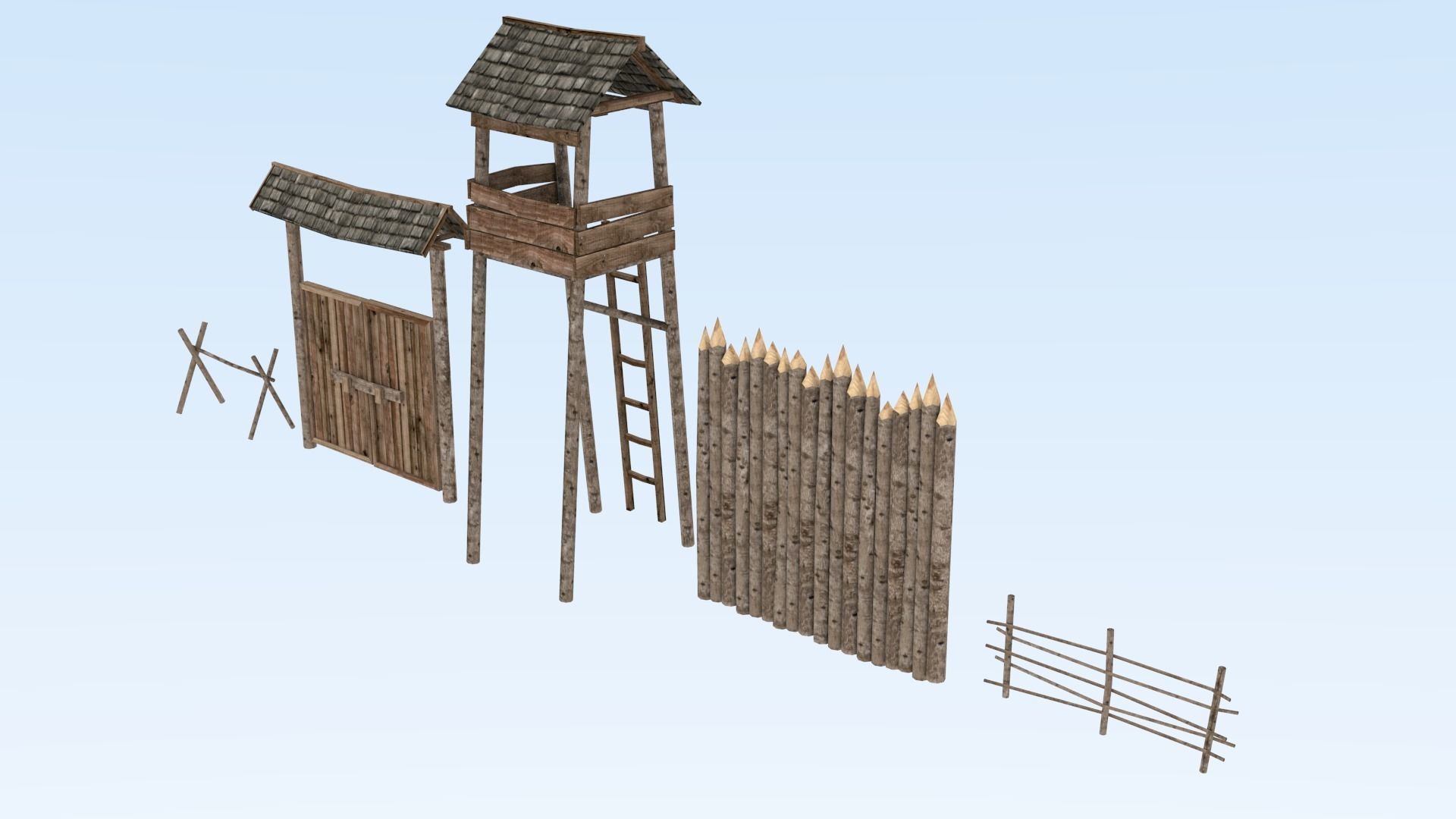 Medieval wooden defence structures Low-poly 3D model_2