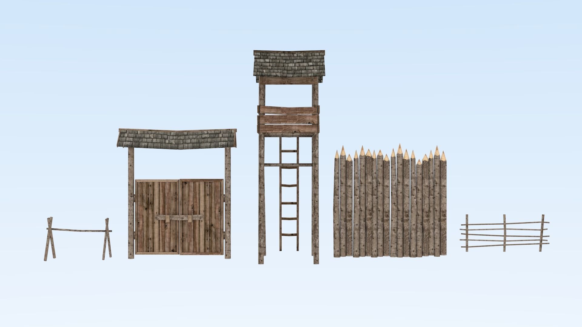 Medieval wooden defence structures Low-poly 3D model_4