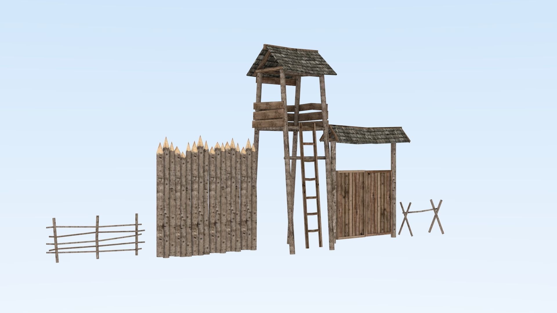 Medieval wooden defence structures Low-poly 3D model_1