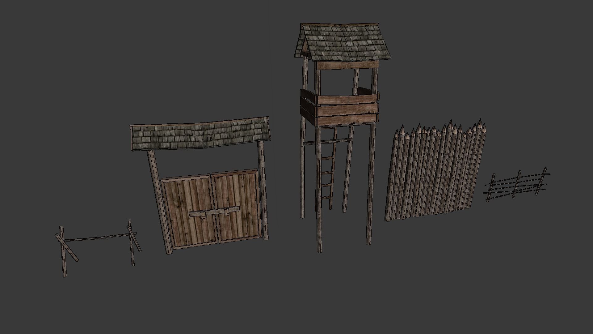 Medieval wooden defence structures Low-poly 3D model_6