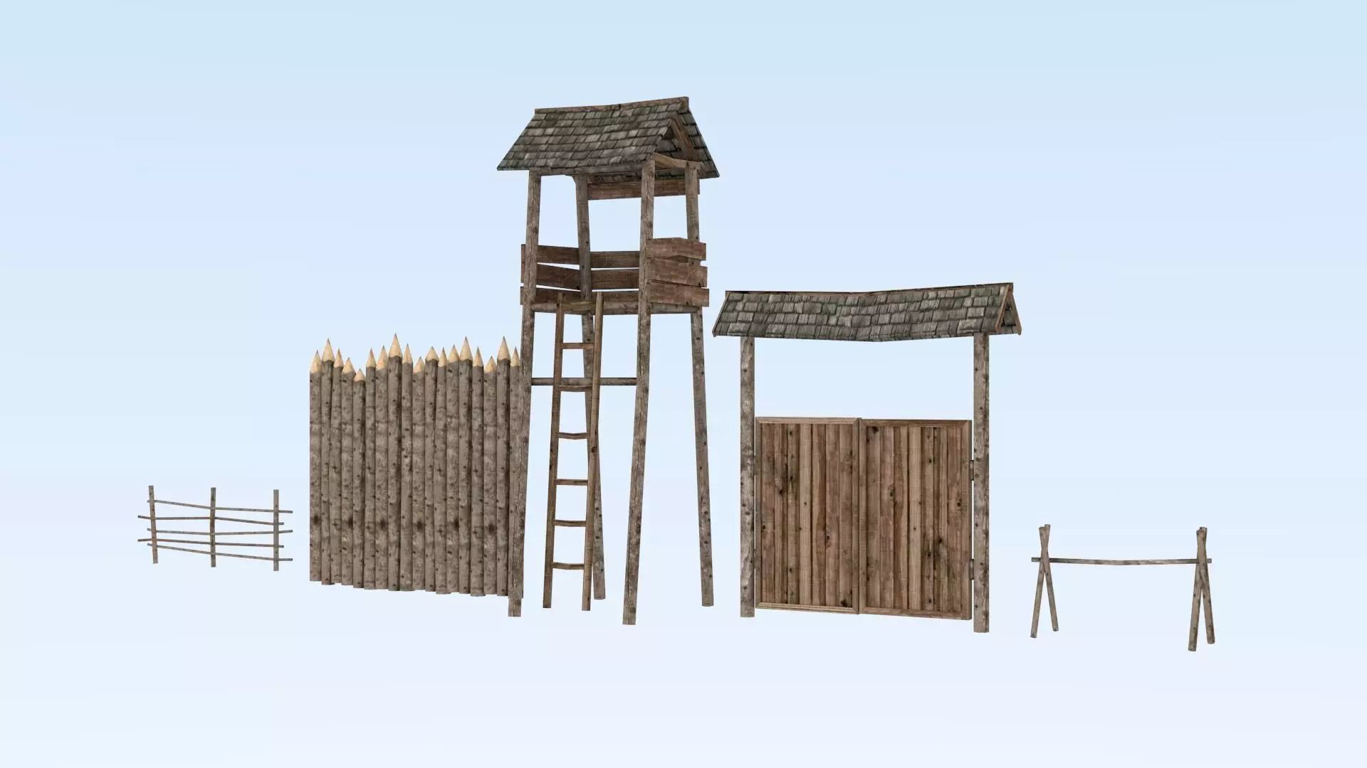 Medieval wooden defence structures Low-poly 3D model_0