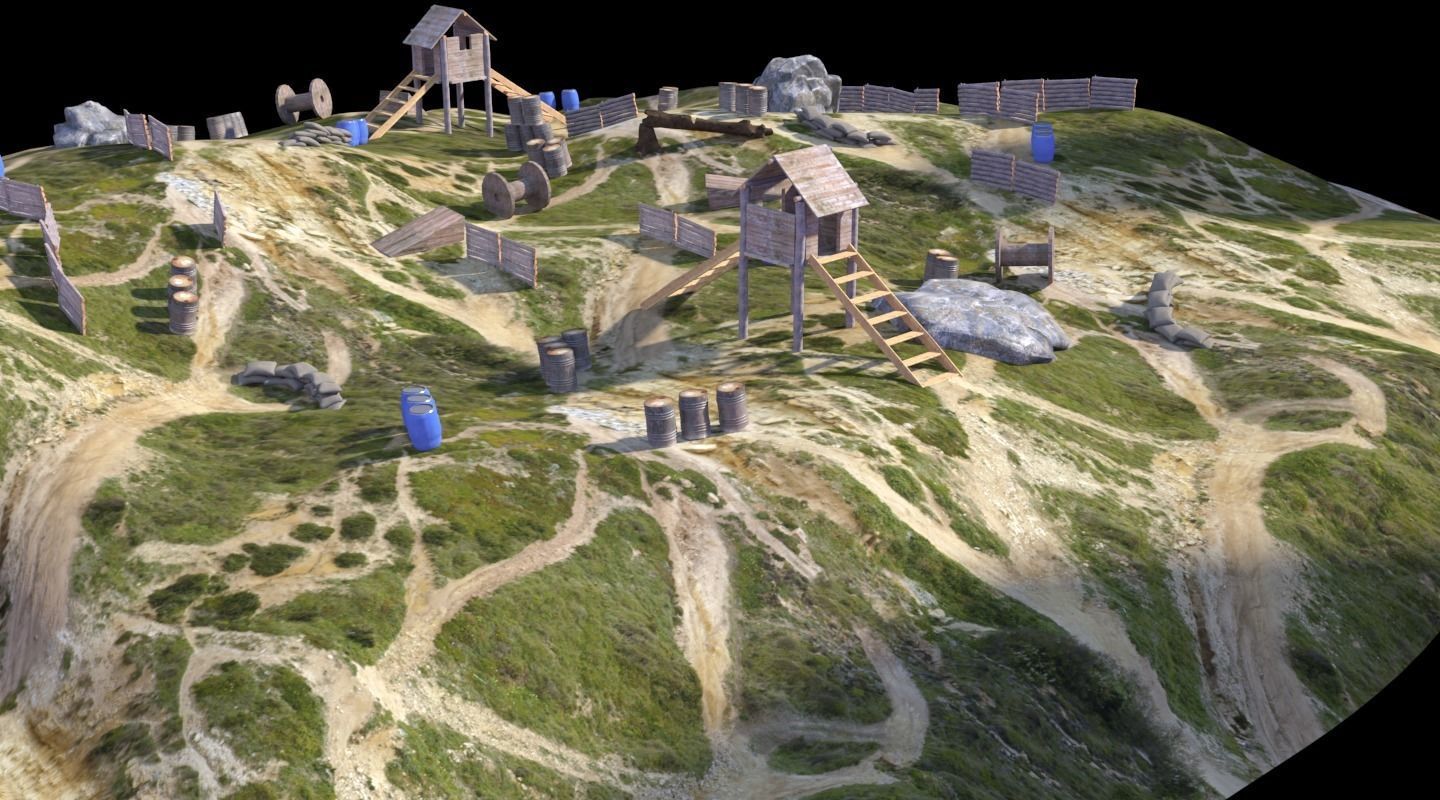 Paintball wooden structure in middle of grassy field 3D model_18