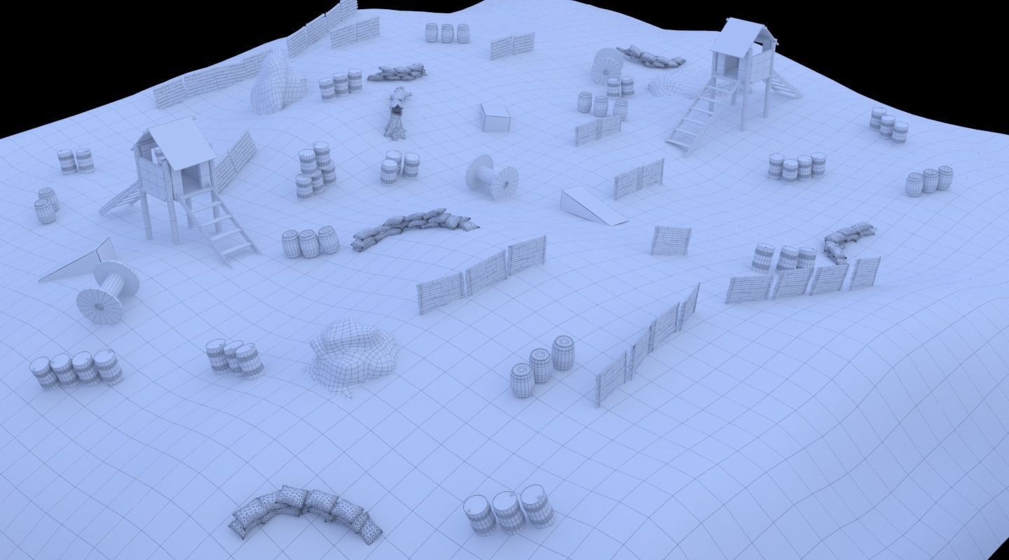 Paintball wooden structure in middle of grassy field 3D model_11