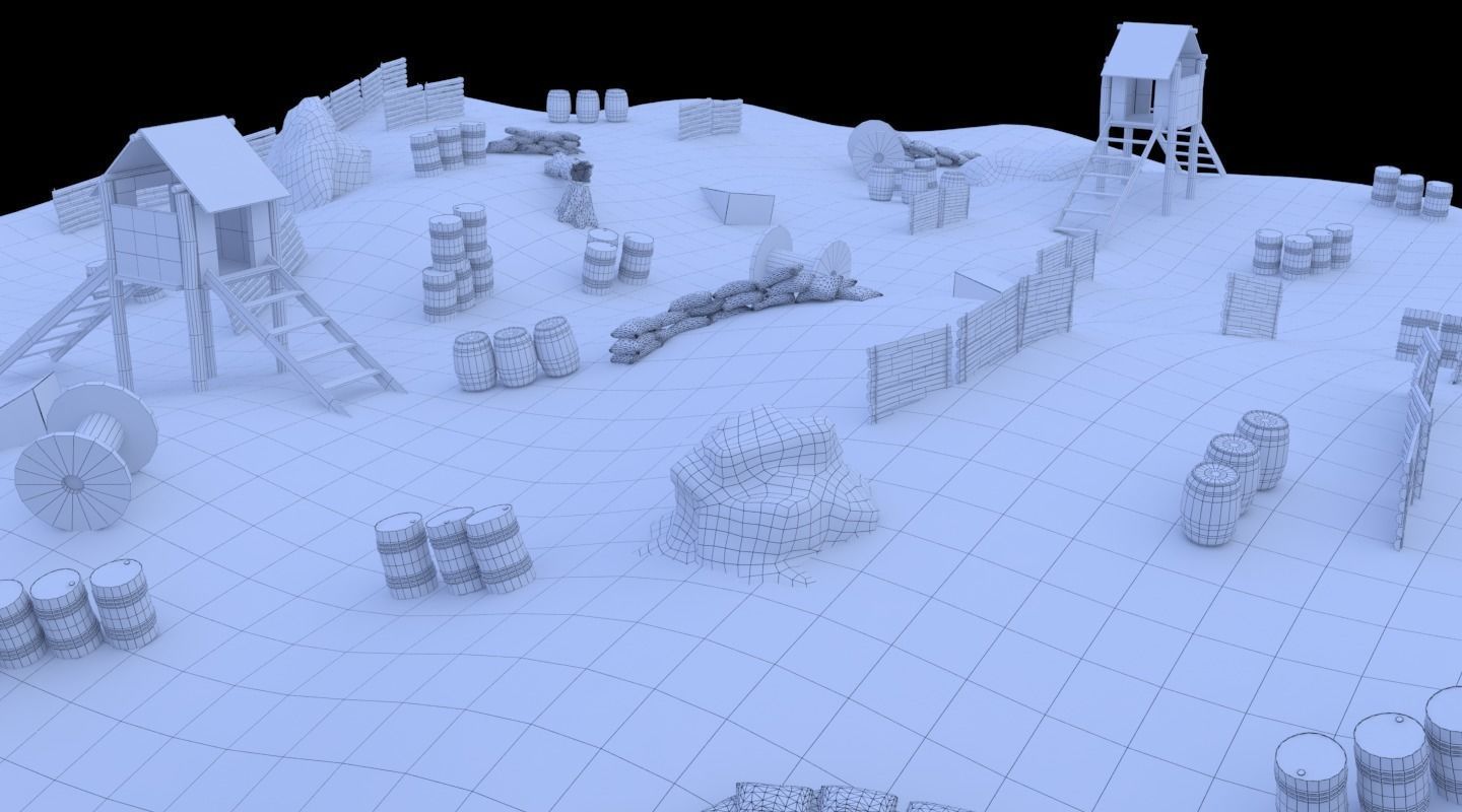 Paintball wooden structure in middle of grassy field 3D model_13