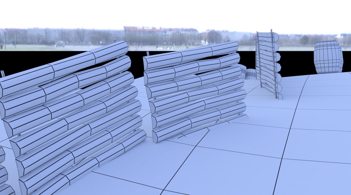 Paintball wooden structure in middle of grassy field 3D model_10