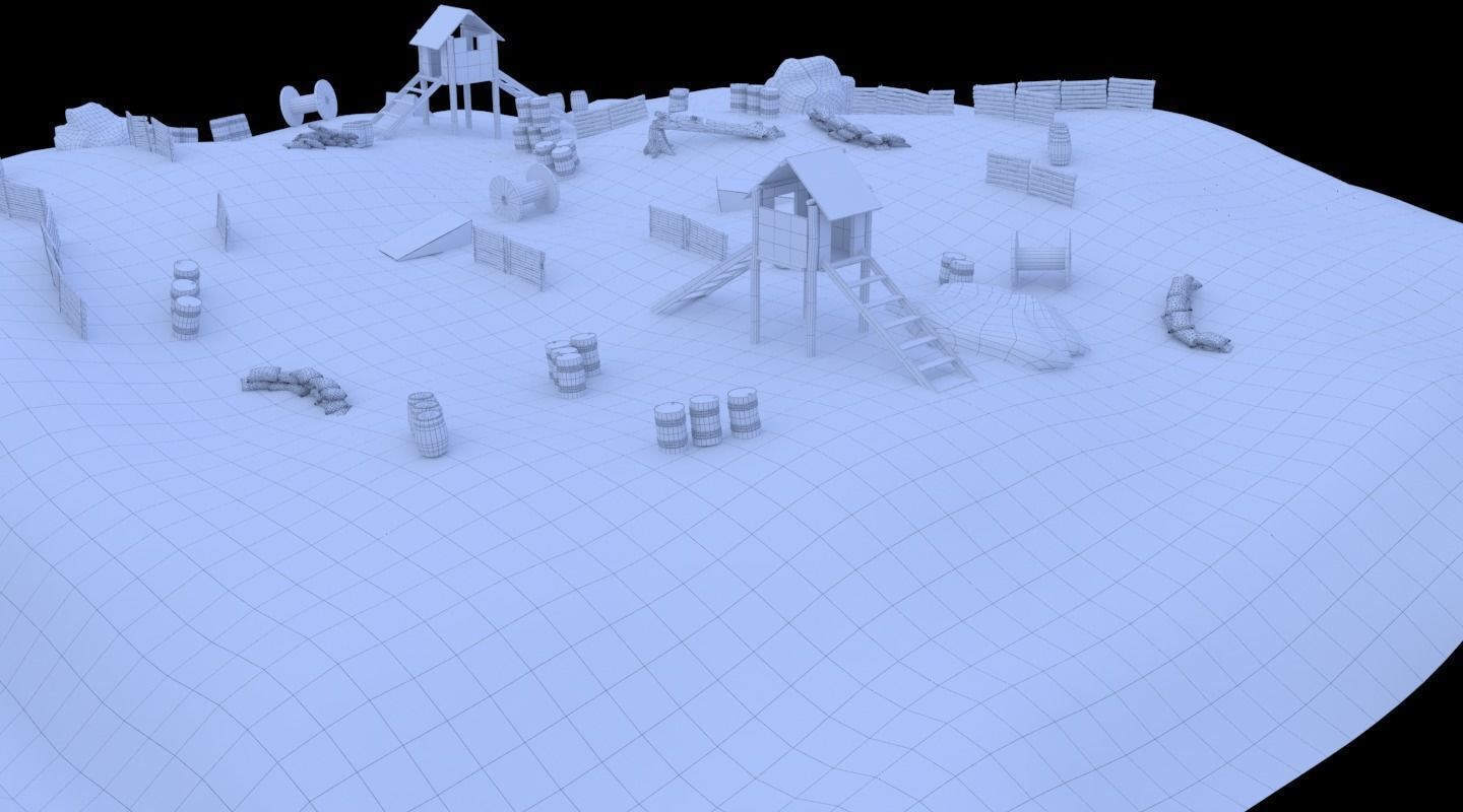 Paintball wooden structure in middle of grassy field 3D model_9