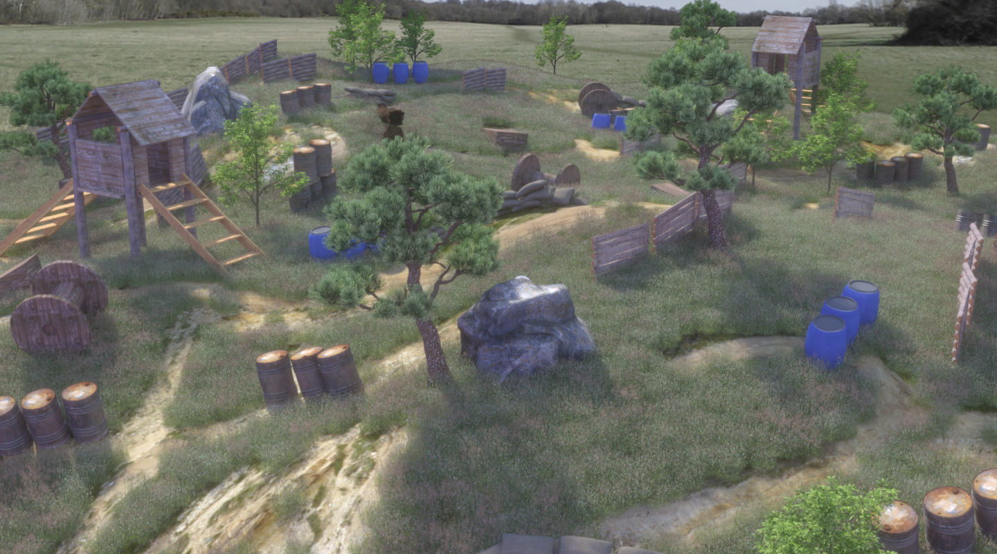 Paintball wooden structure in middle of grassy field 3D model_4