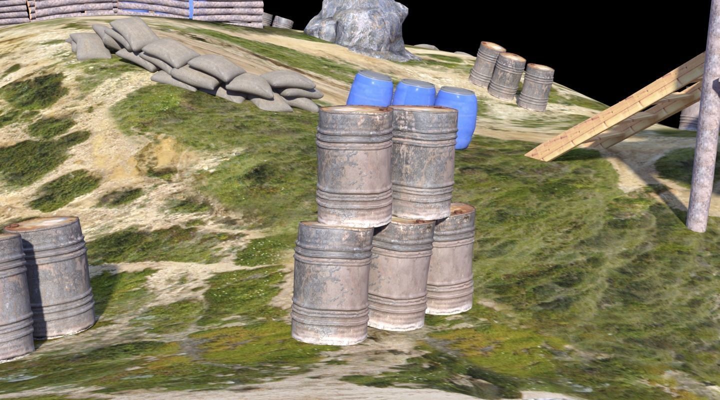 Paintball wooden structure in middle of grassy field 3D model_20