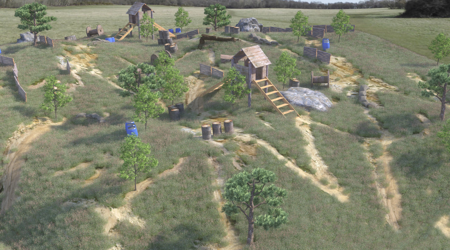 Paintball wooden structure in middle of grassy field 3D model_1