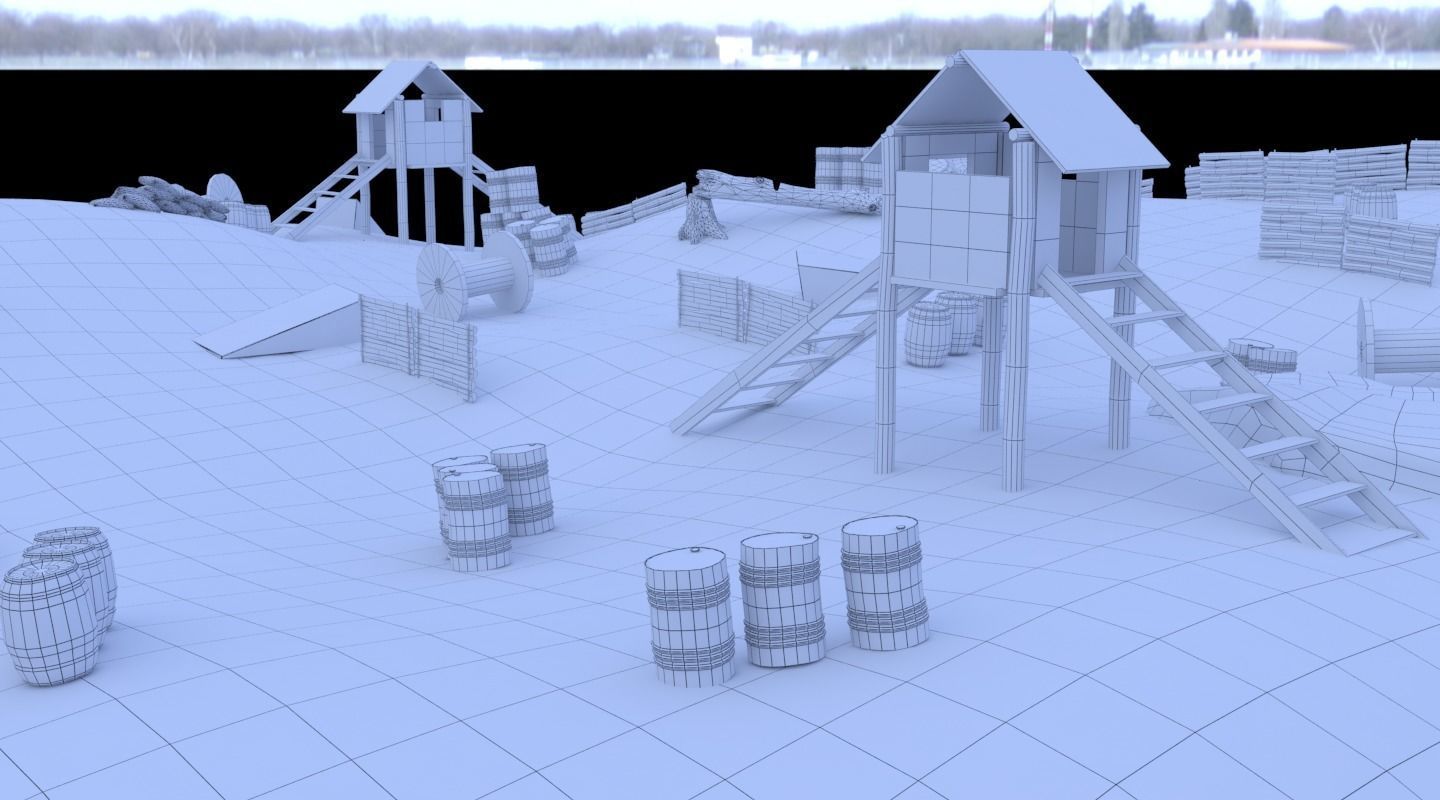Paintball wooden structure in middle of grassy field 3D model_12