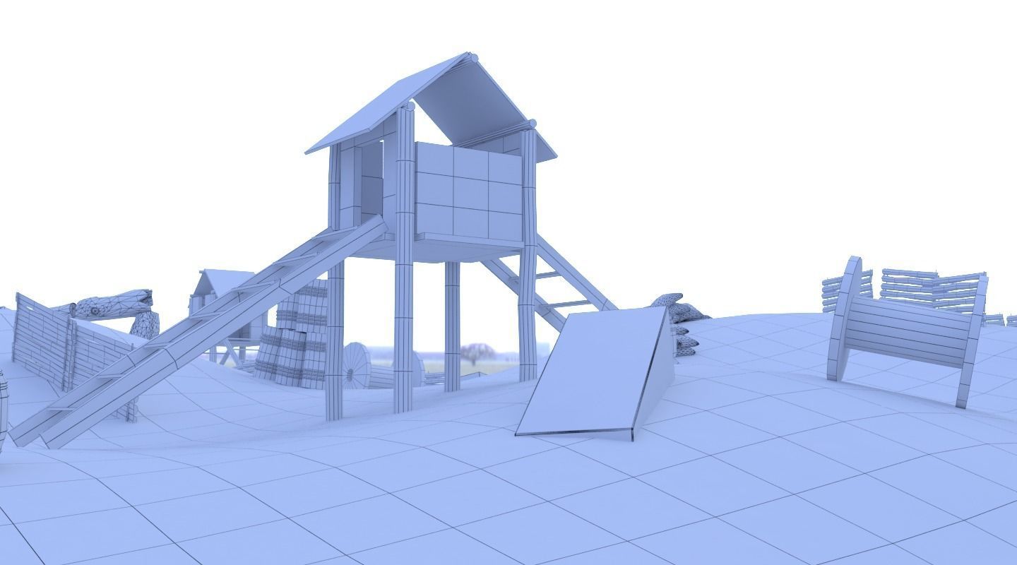 Paintball wooden structure in middle of grassy field 3D model_8
