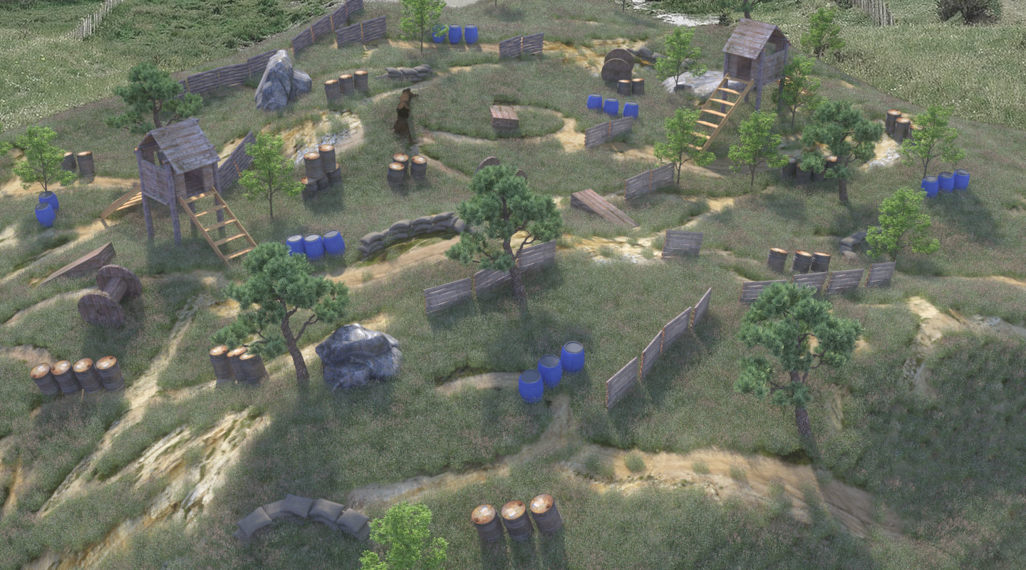 Paintball wooden structure in middle of grassy field 3D model_5