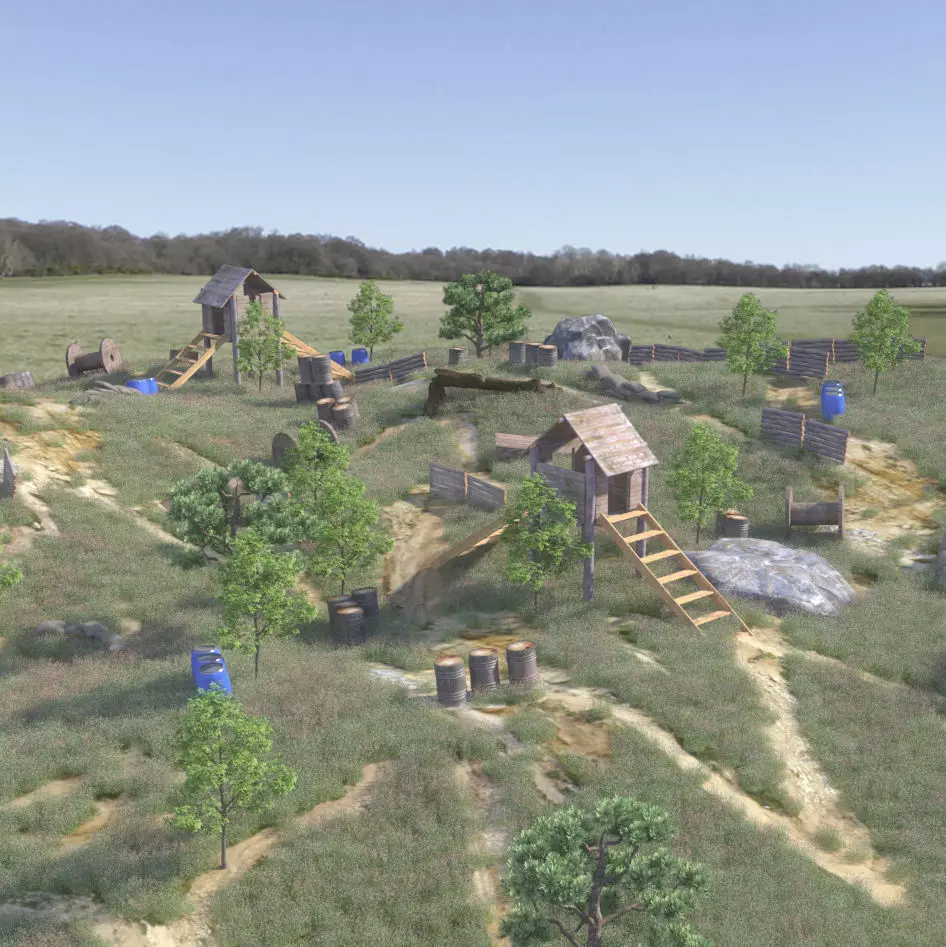 Paintball wooden structure in middle of grassy field 3D model_0