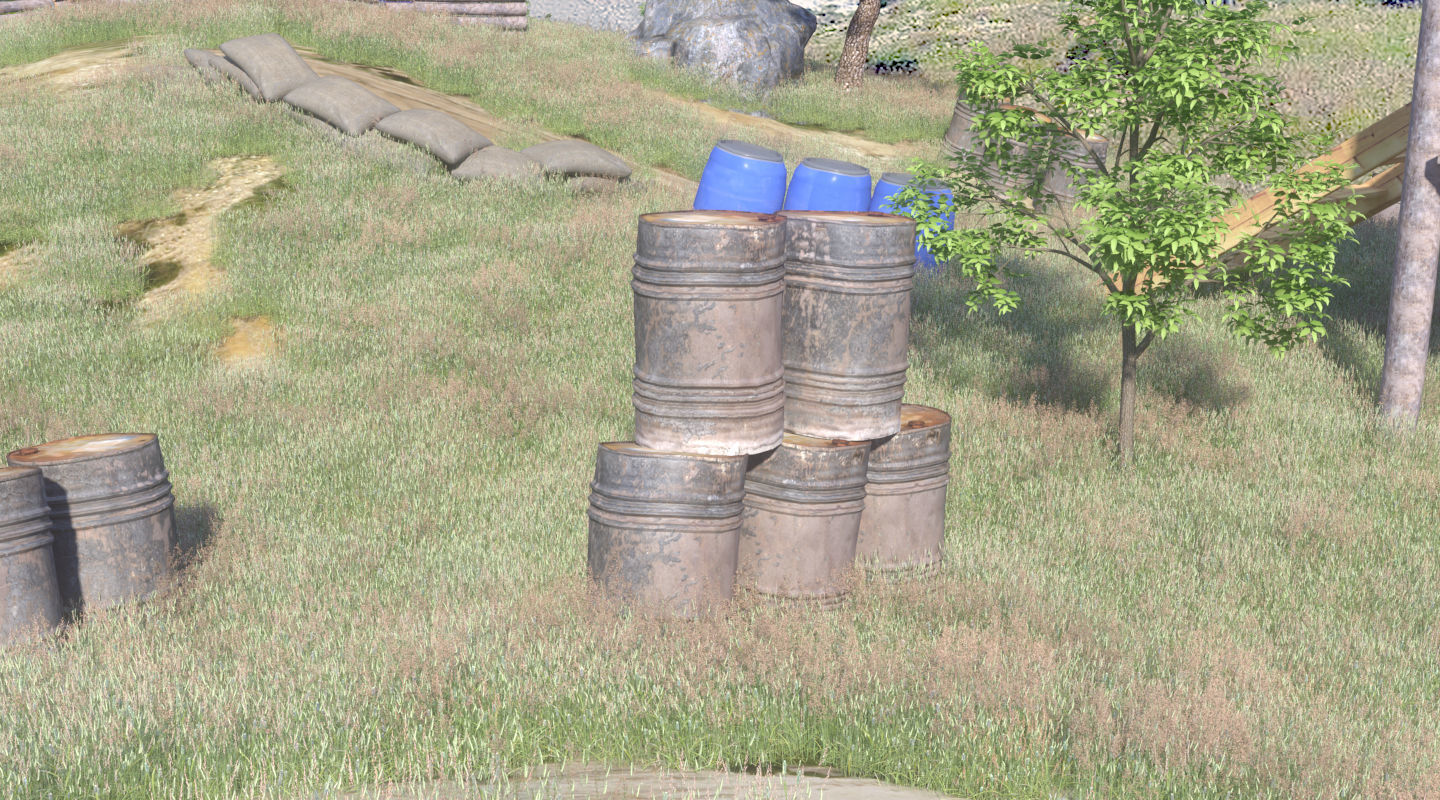 Paintball wooden structure in middle of grassy field 3D model_7