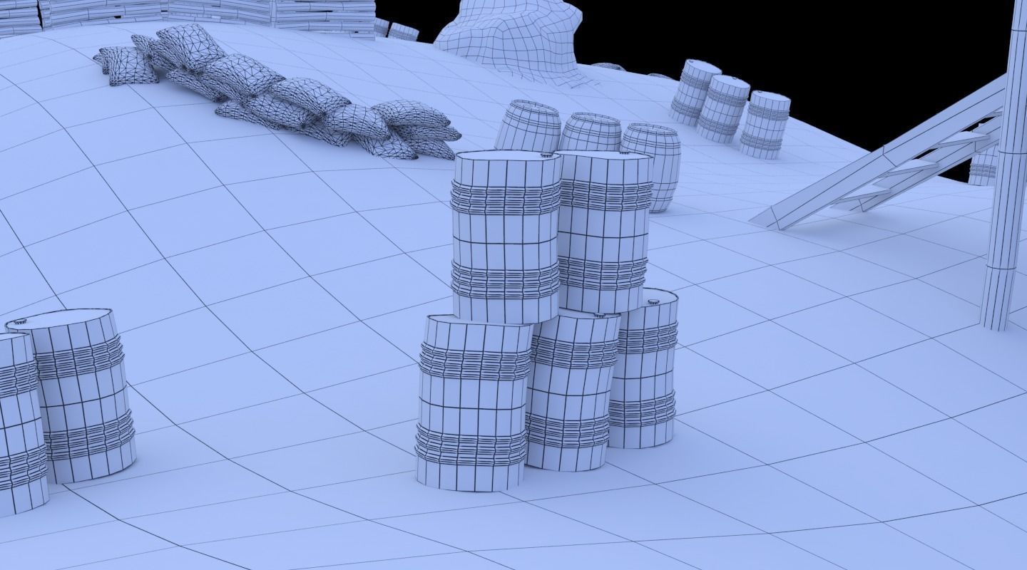 Paintball wooden structure in middle of grassy field 3D model_14