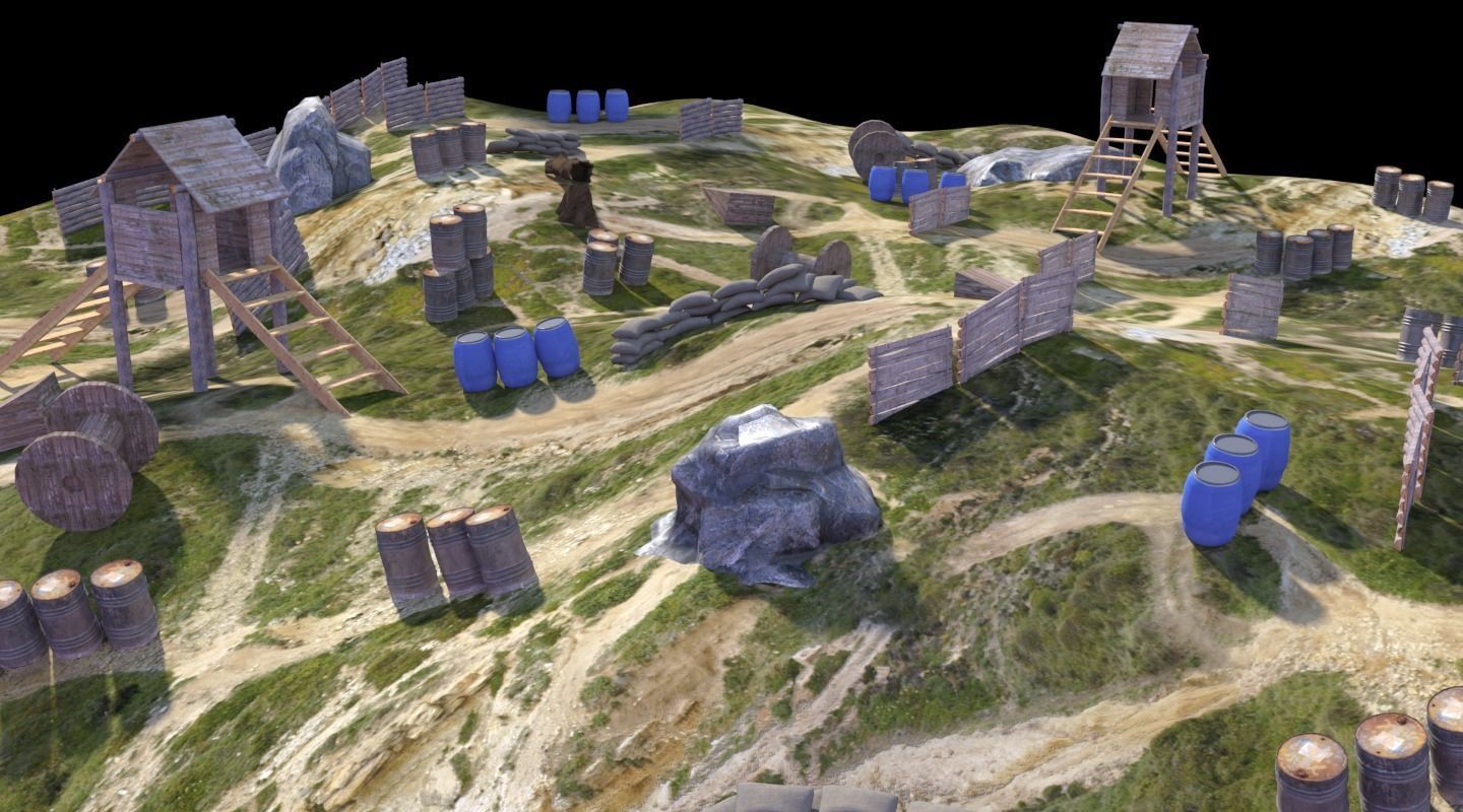 Paintball wooden structure in middle of grassy field 3D model_19
