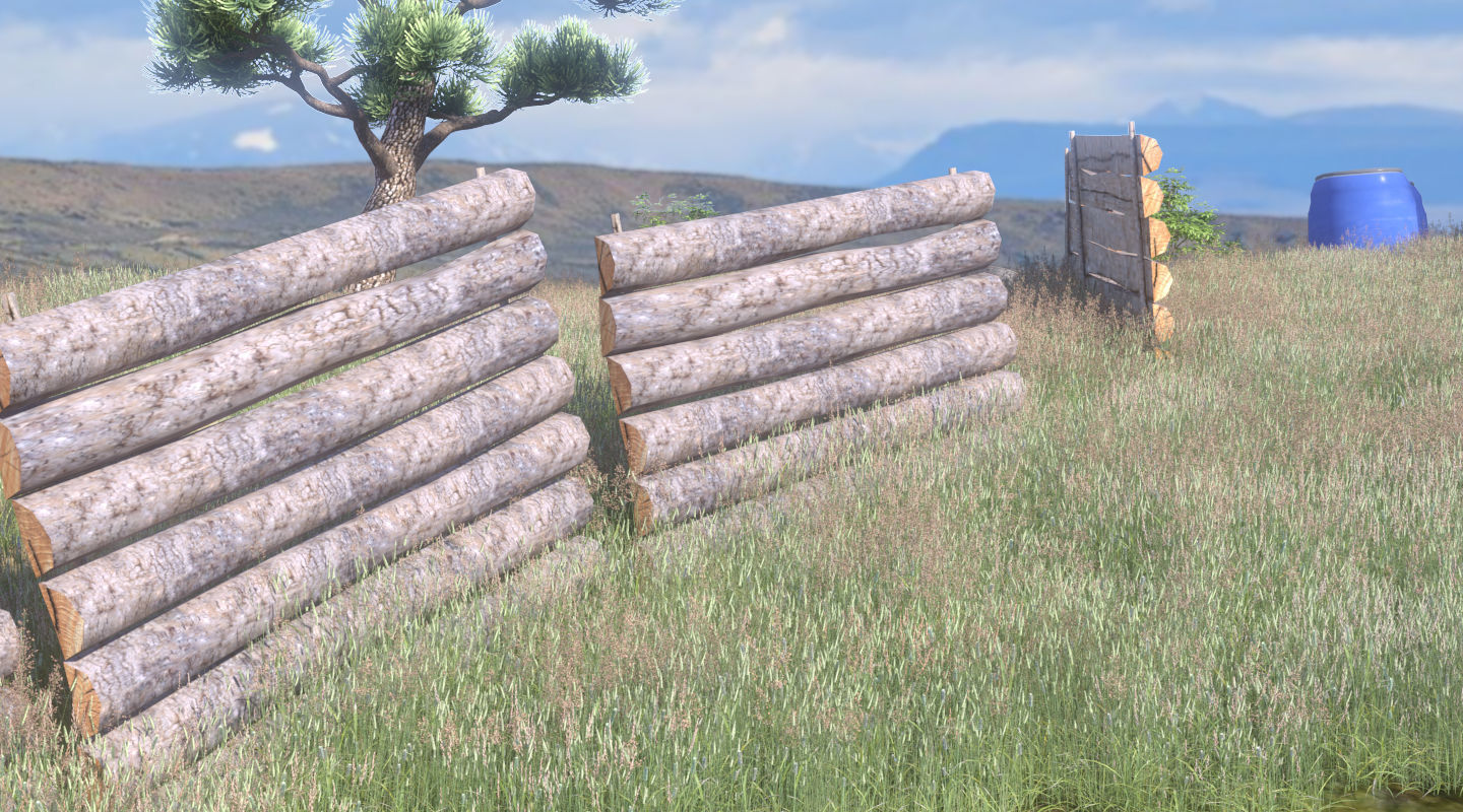 Paintball wooden structure in middle of grassy field 3D model_6