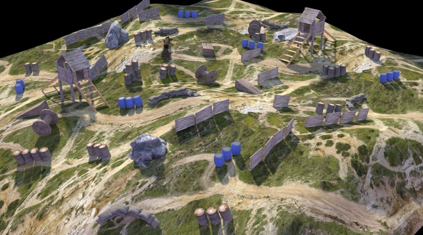 Paintball wooden structure in middle of grassy field 3D model_21