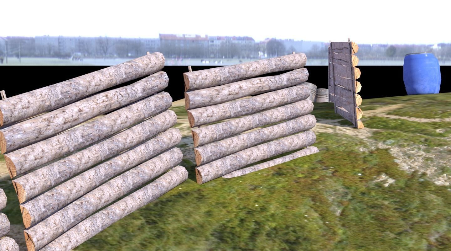 Paintball wooden structure in middle of grassy field 3D model_16