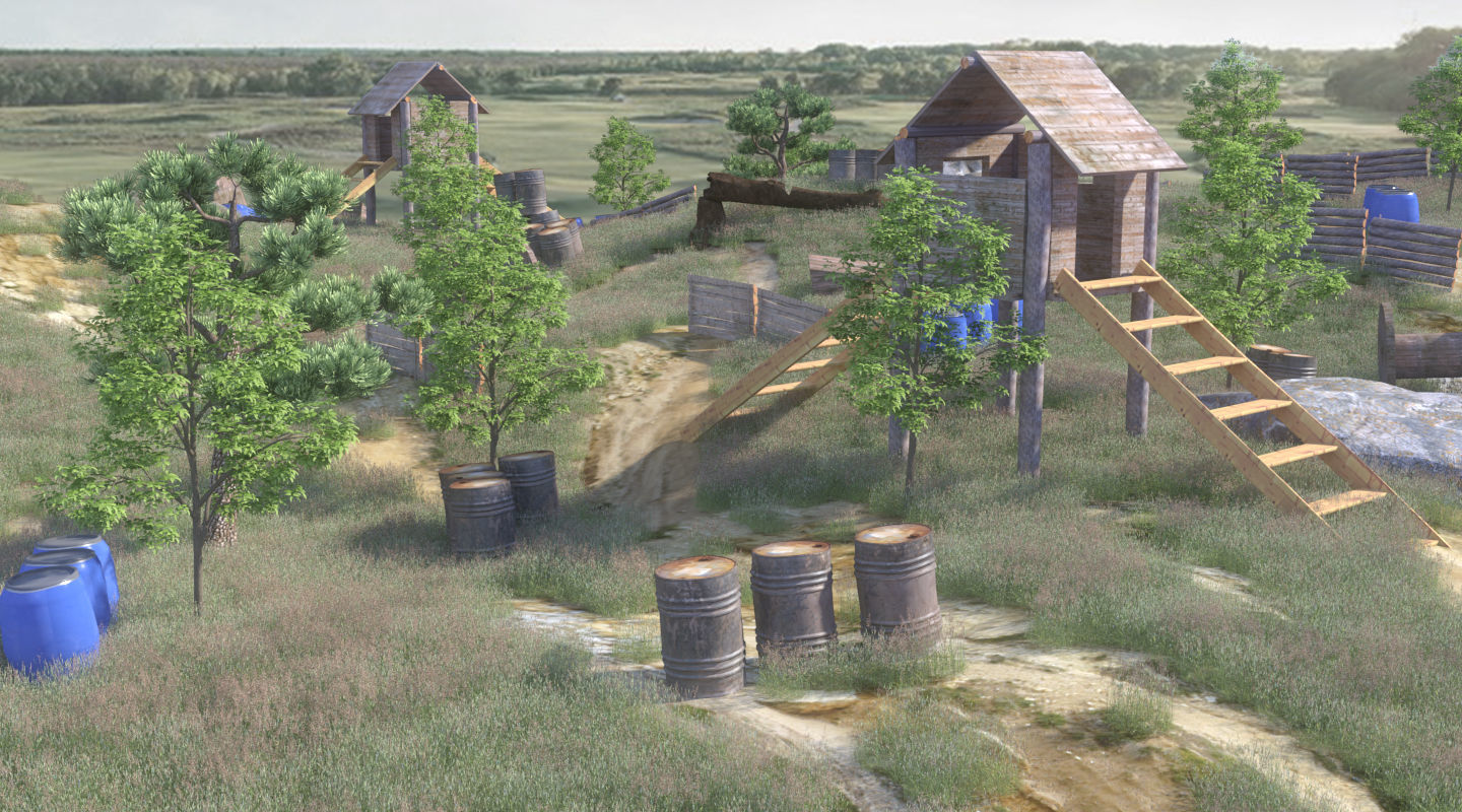 Paintball wooden structure in middle of grassy field 3D model_2