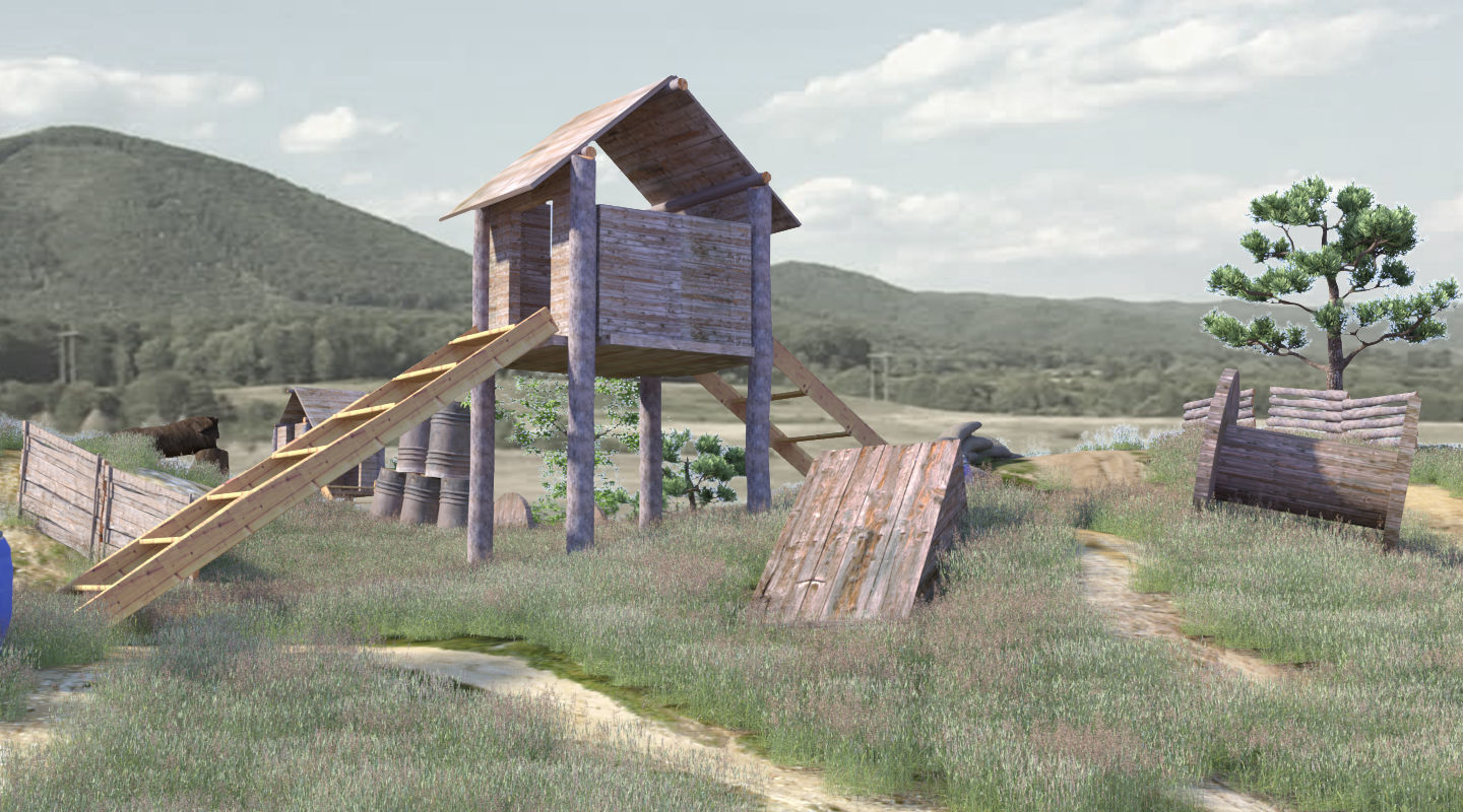 Paintball wooden structure in middle of grassy field 3D model_3