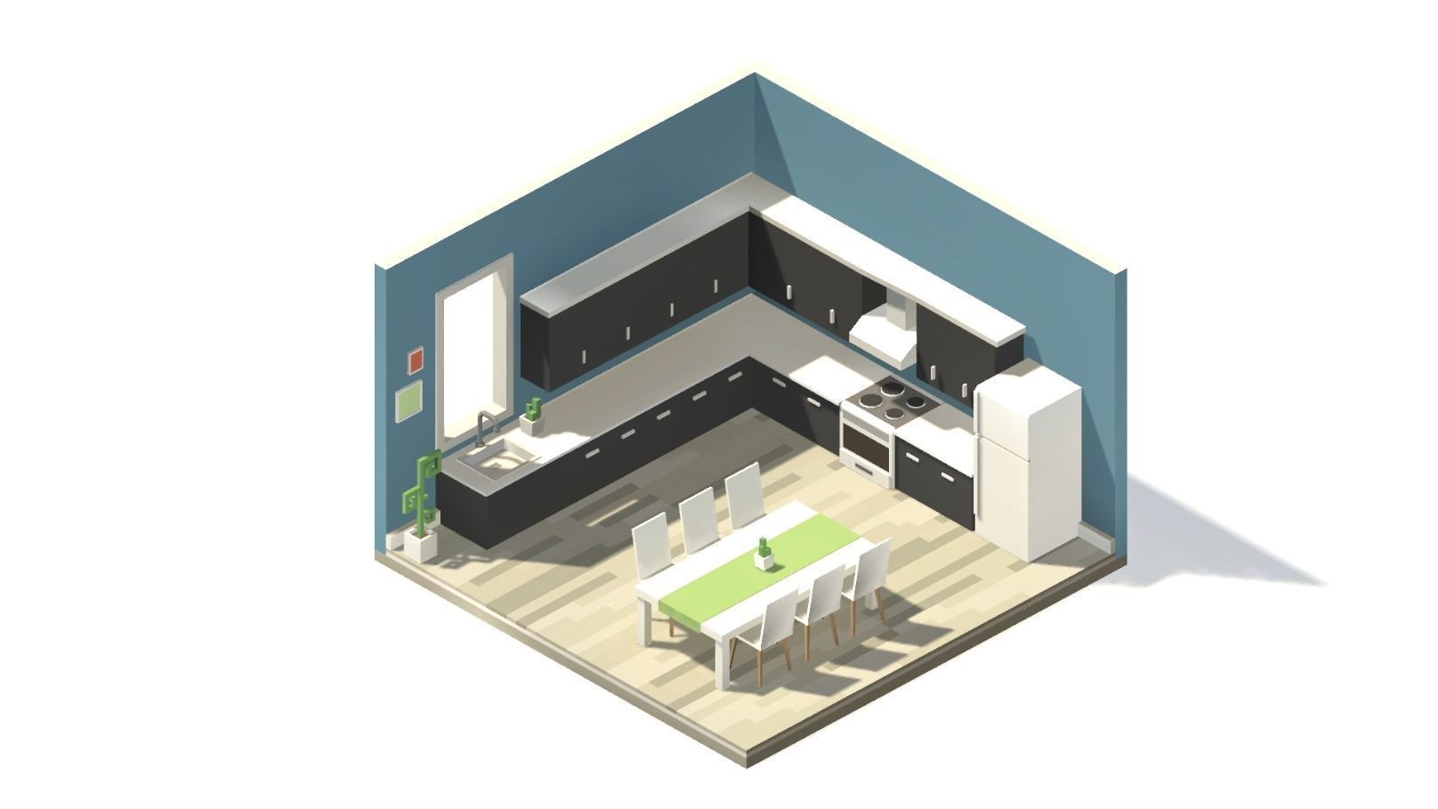 Low Poly Home kitchen with checkered floor Low-poly 3D model_2