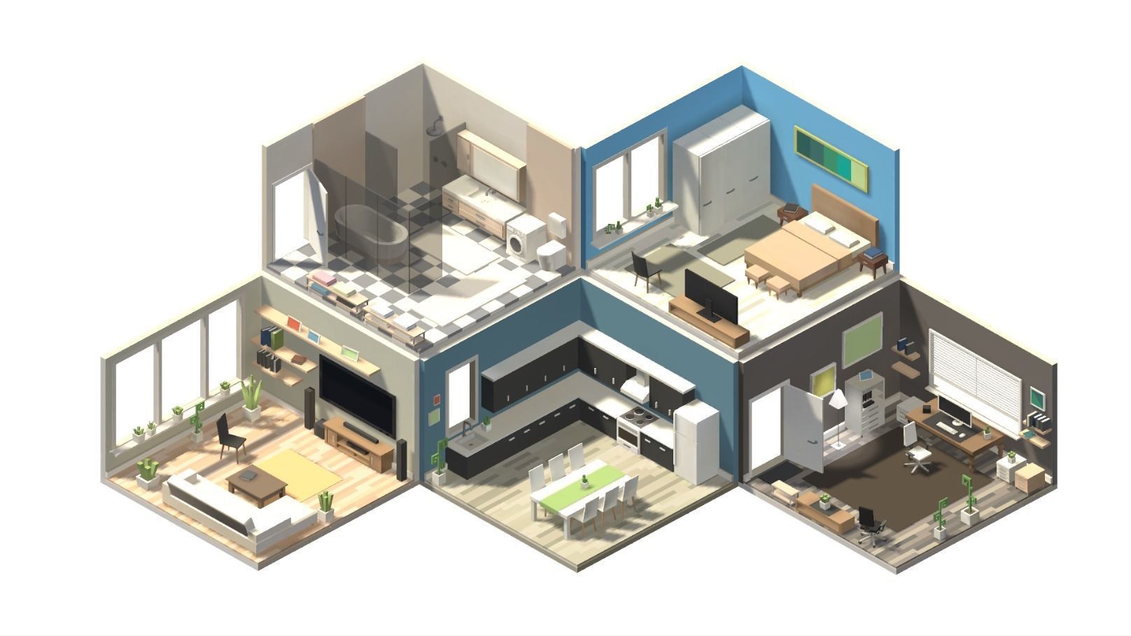 Low Poly Home kitchen with checkered floor Low-poly 3D model_1