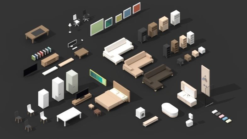 Low Poly Home kitchen with checkered floor Low-poly 3D model_7