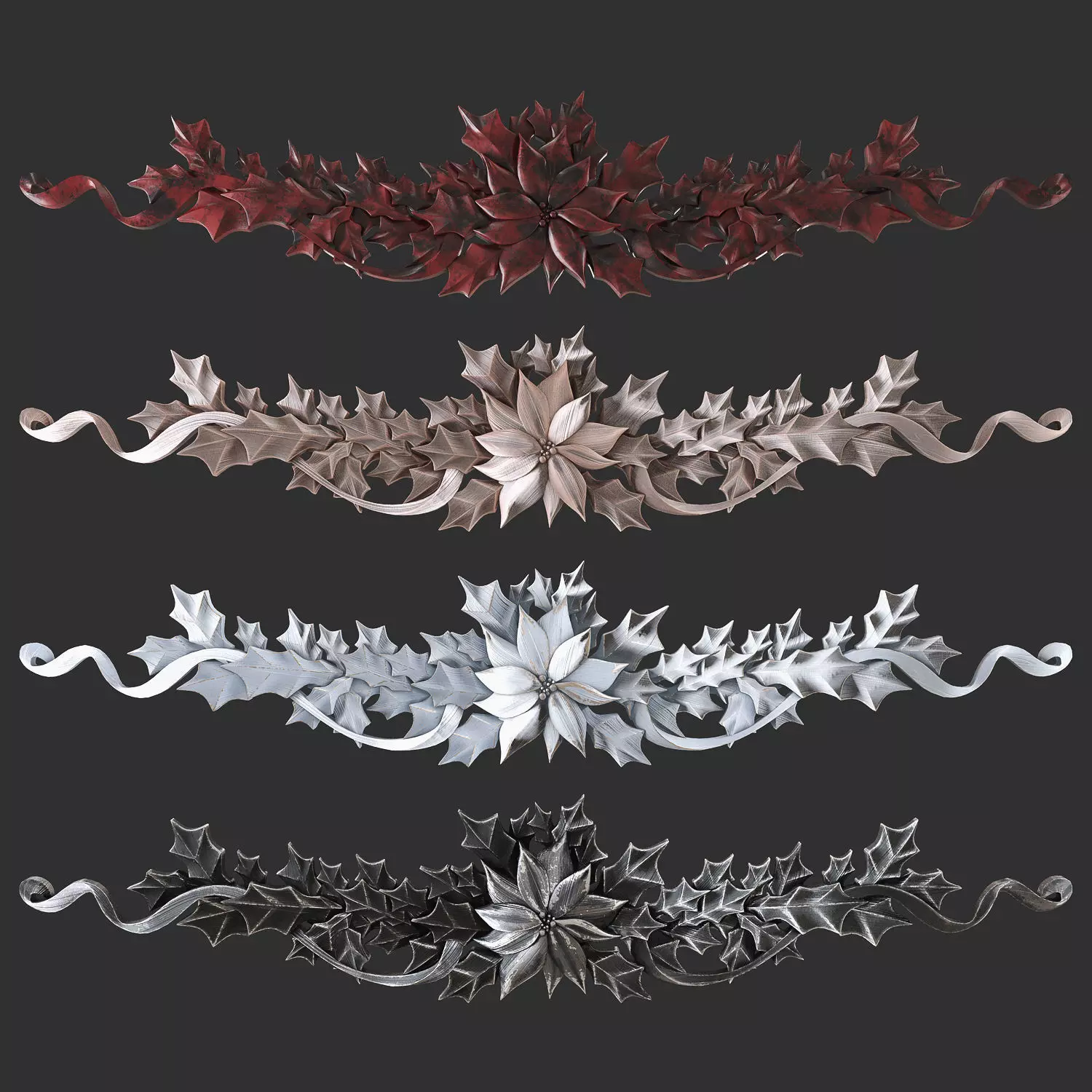 leaves christmas wreath with flowers and 3D print model_0