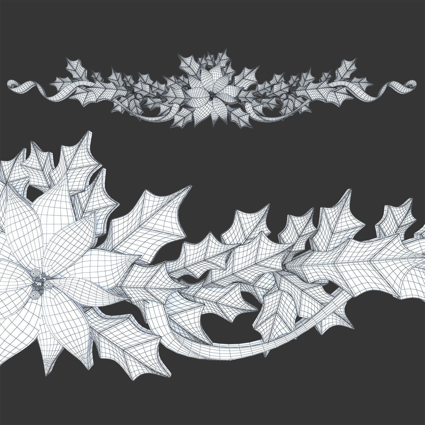 leaves christmas wreath with flowers and 3D print model_1