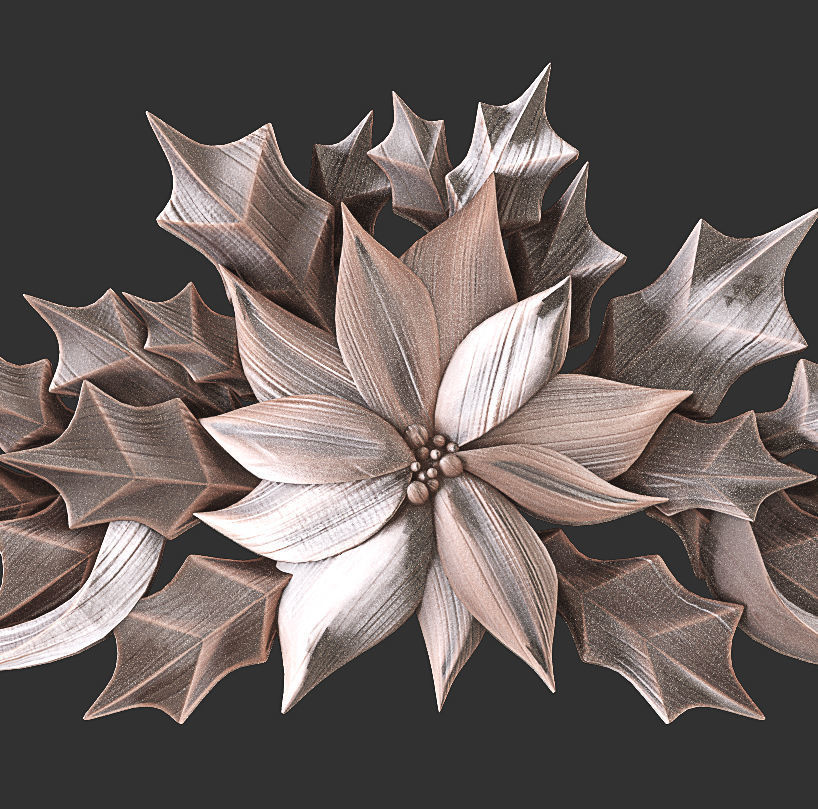 leaves christmas wreath with flowers and 3D print model_2