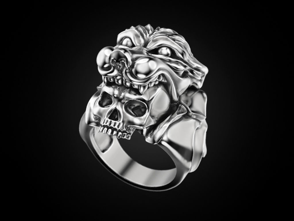 Human skull ring and wolf head 3D print model