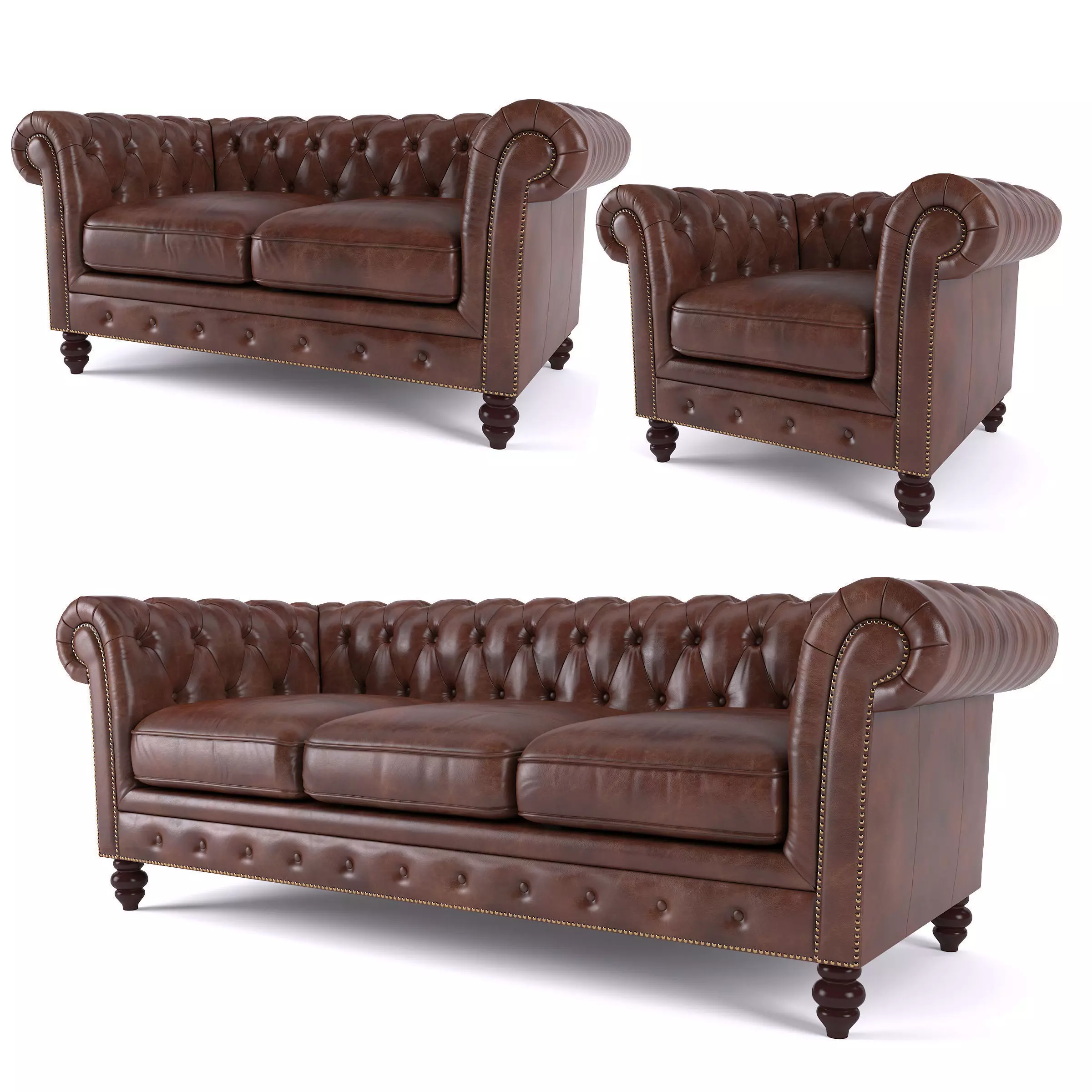 Brooklyn Chesterfield Leather Sofa and Loveseat and Armchair 3D model_0