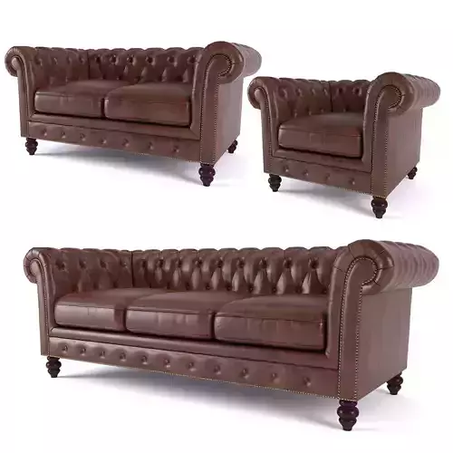 Brooklyn Chesterfield Leather Sofa and Loveseat and Armchair 3D model
