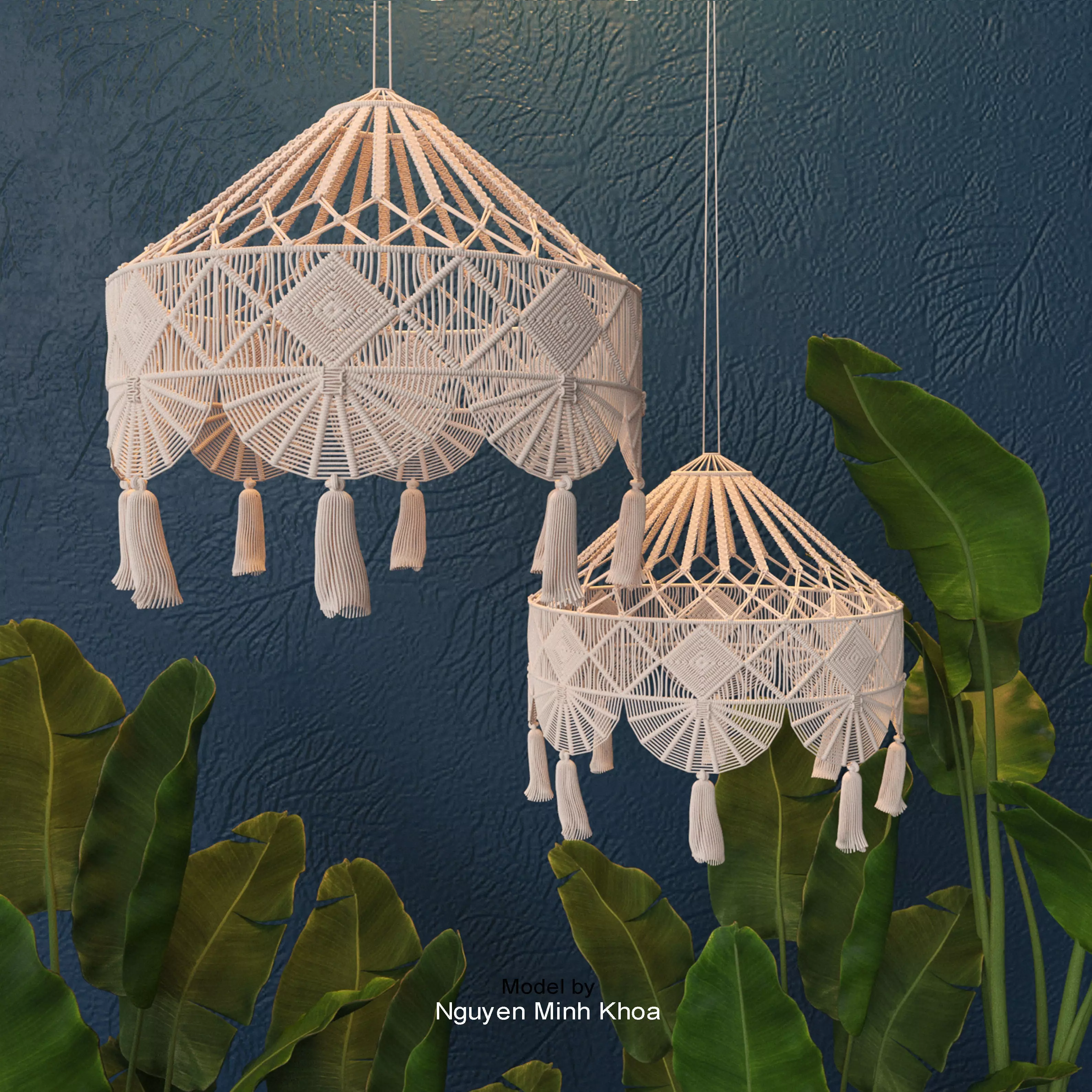 Macrame 5 two hanging lamps with tassels 3D model_0
