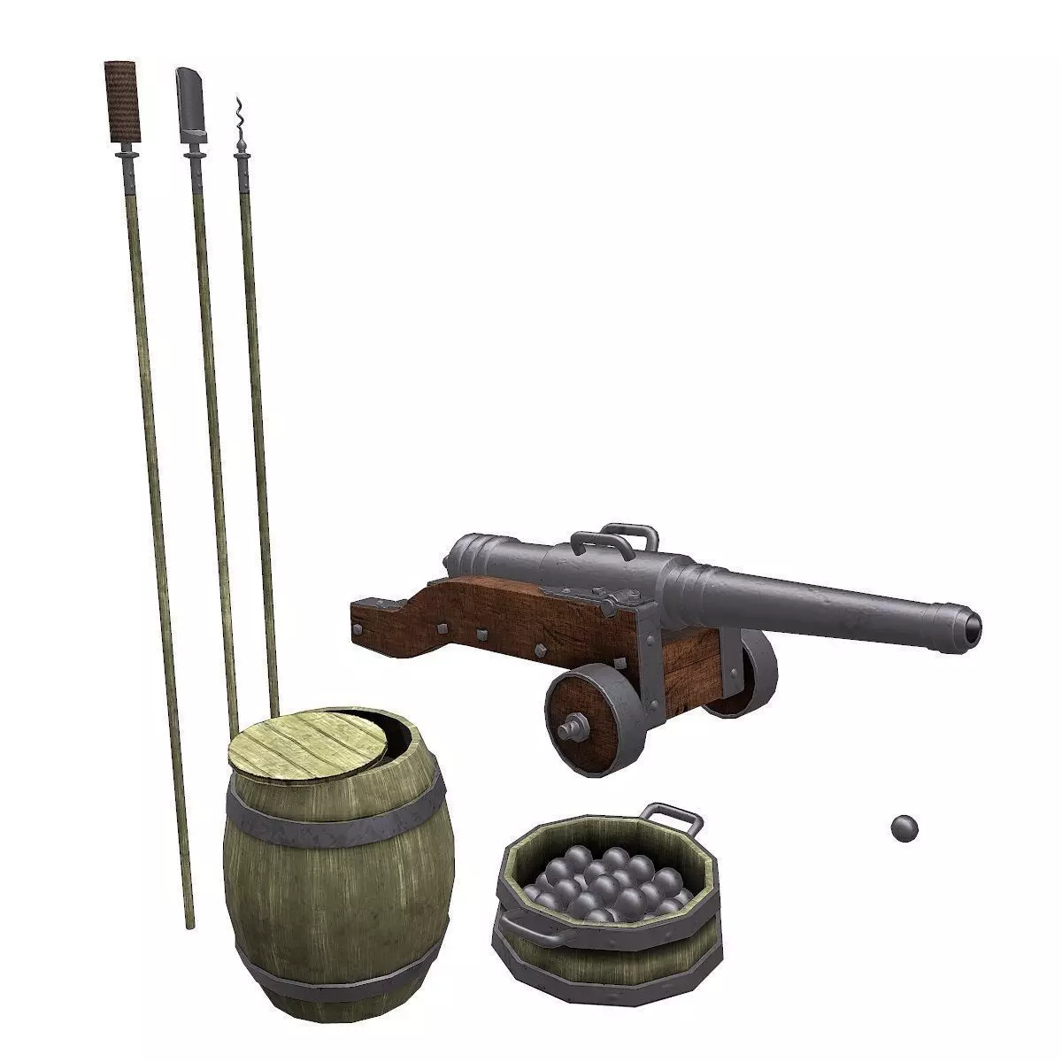 Cannon and barrels Low-poly 3D model