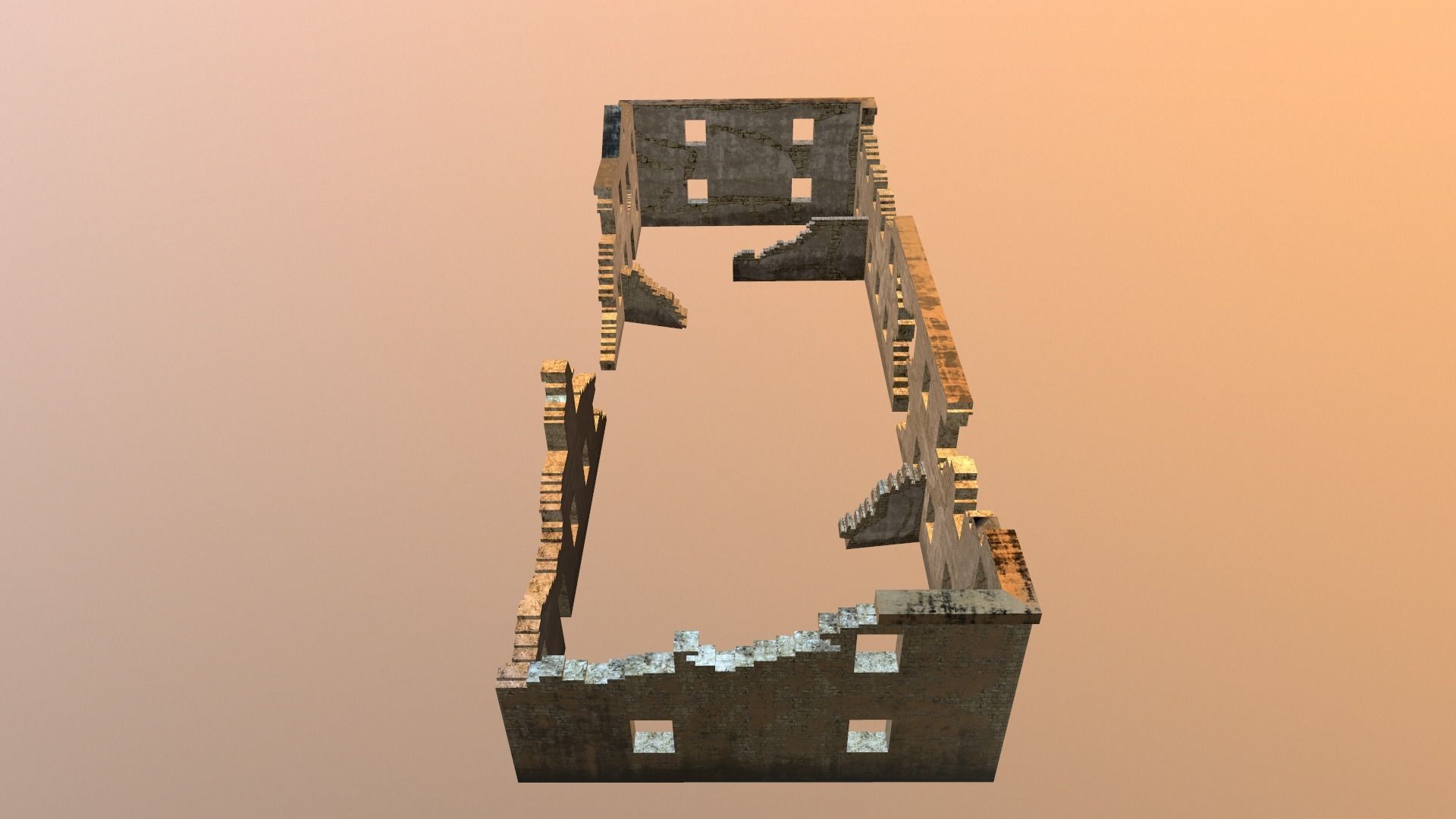 Long Damaged-Destroyed Building 2 Low-poly 3D model_7