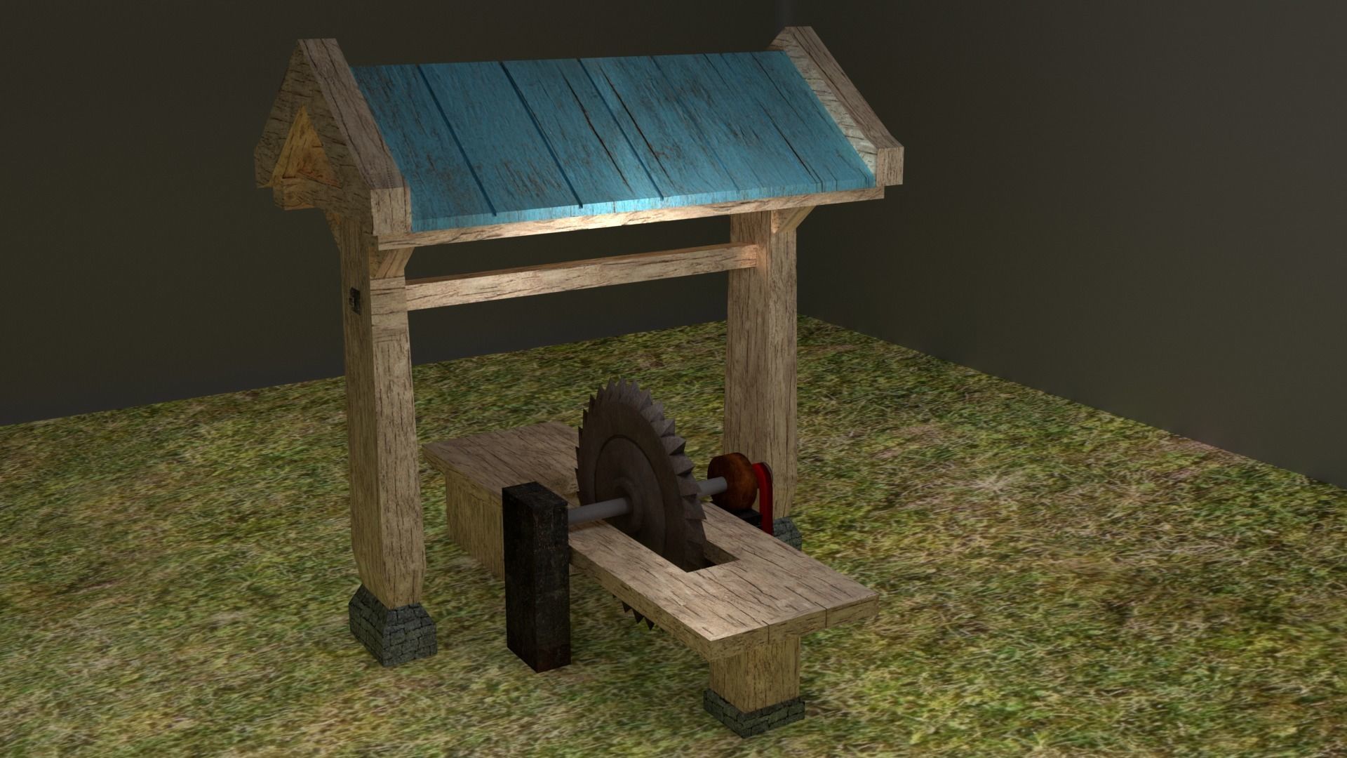 Sawmill wooden bench with wheel Low-poly 3D model_1