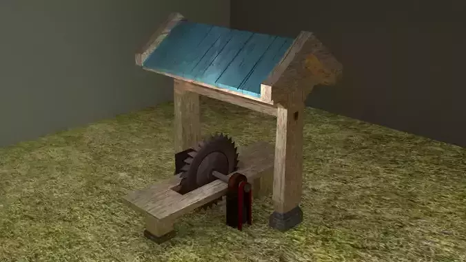 Sawmill wooden bench with wheel Low-poly 3D model