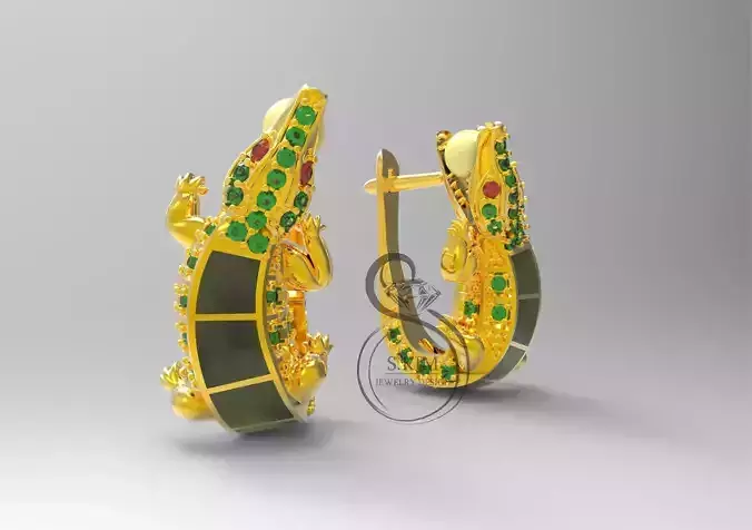 Crocodile earrings with enamel and gems