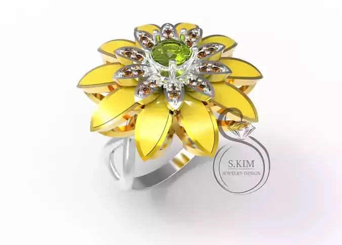 Ring flower with enamel on  leaflet
