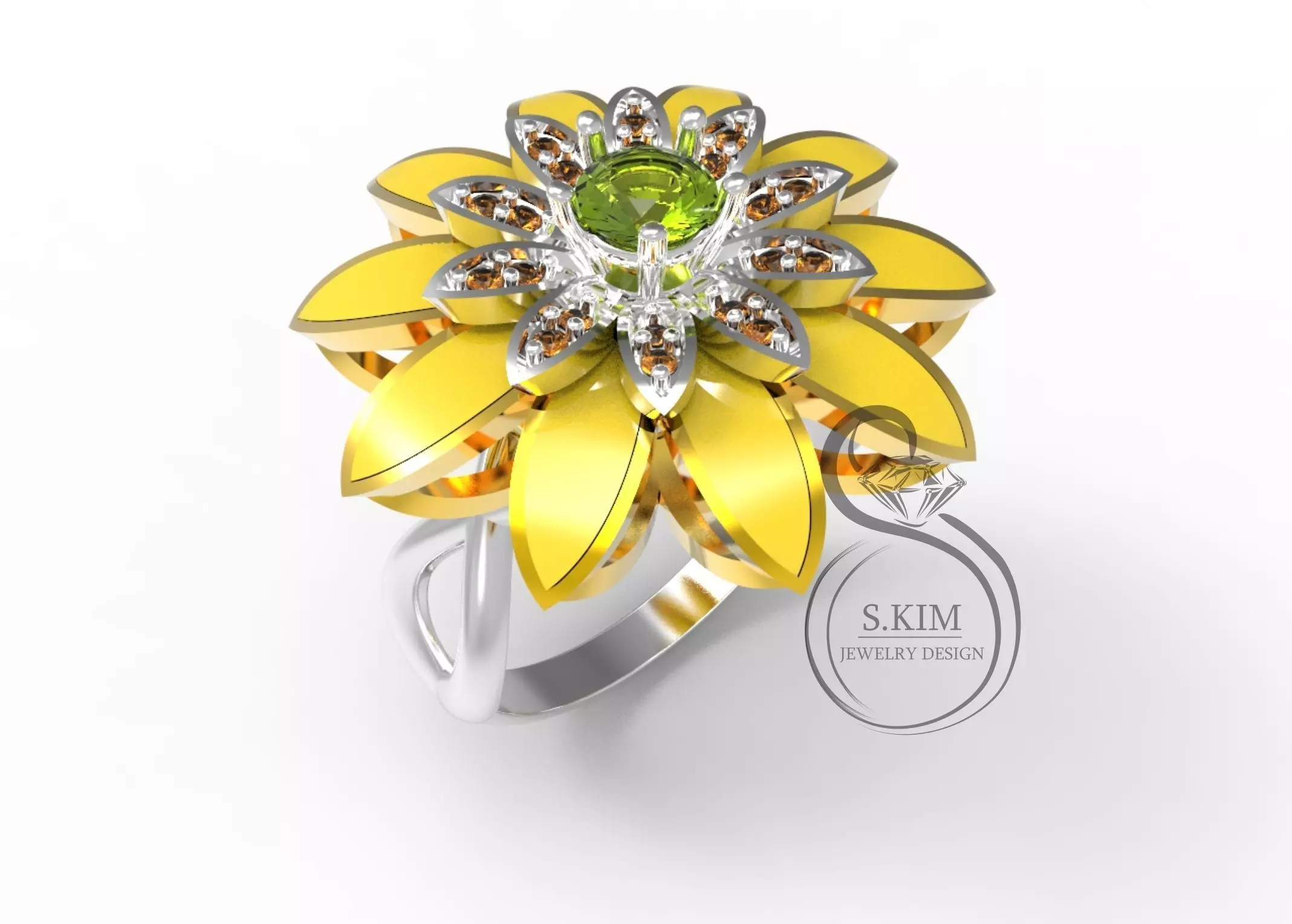 Ring flower with enamel on leaflet 3D print model_0