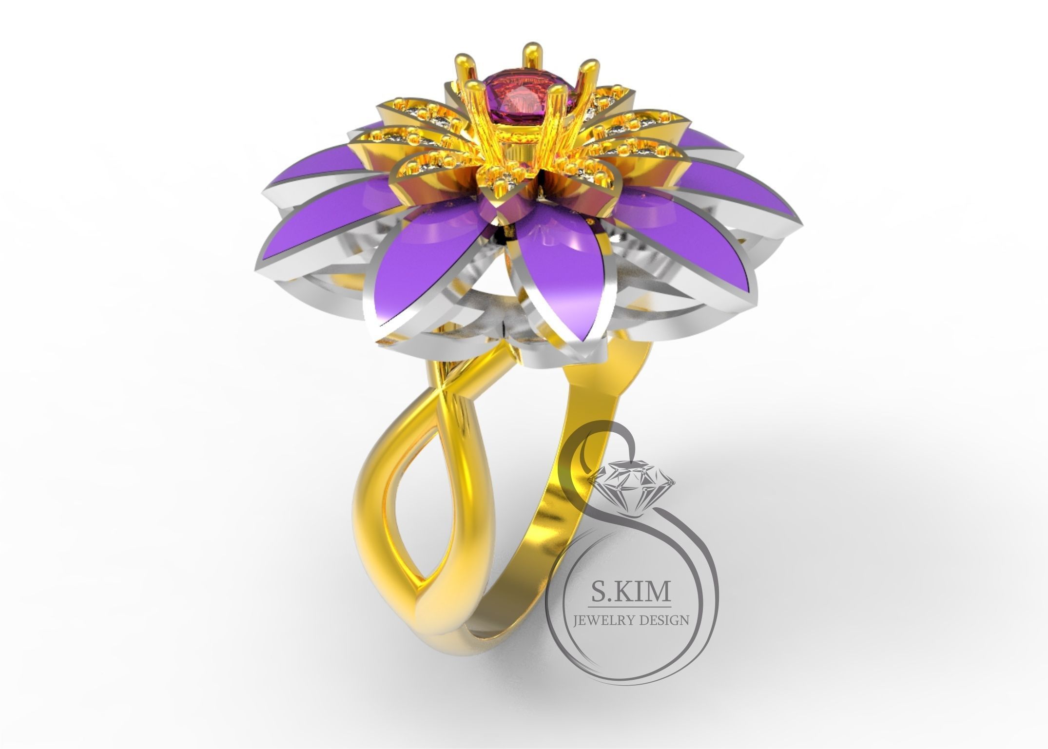 Ring flower with enamel on leaflet 3D print model_3