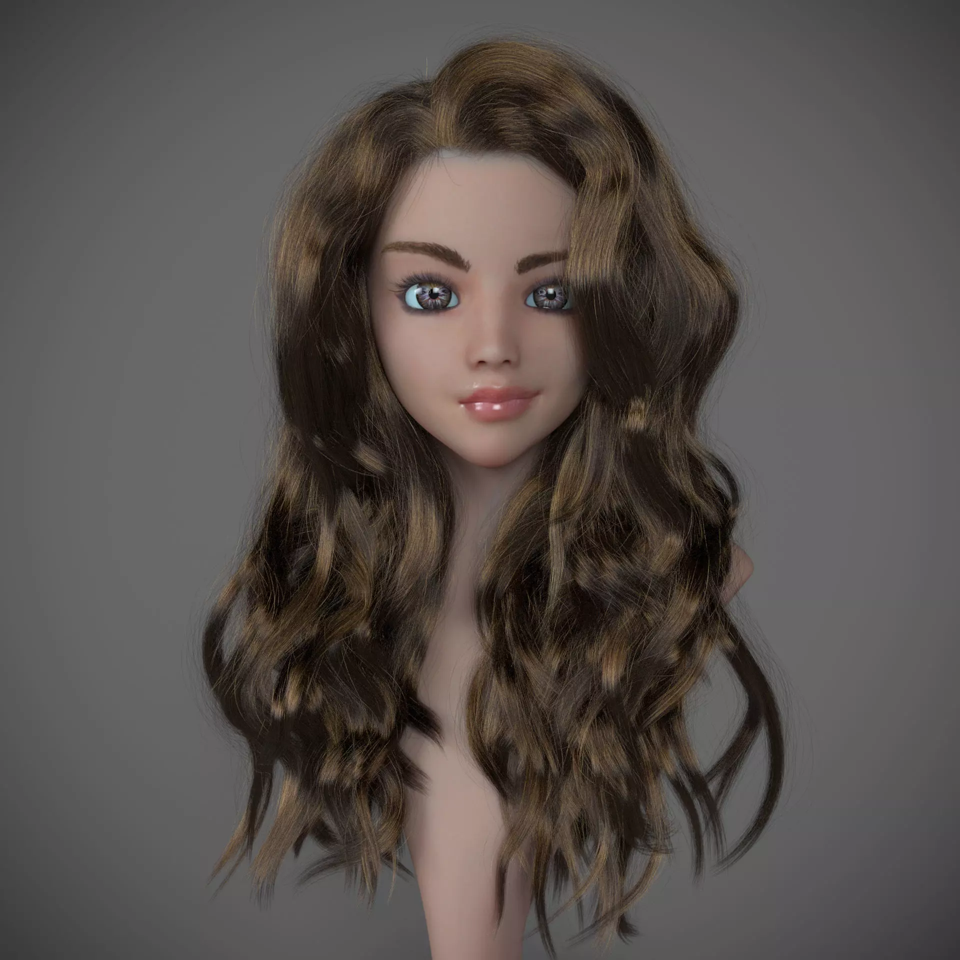 Girl long curly hair for production render with all modifiers 3D model_0