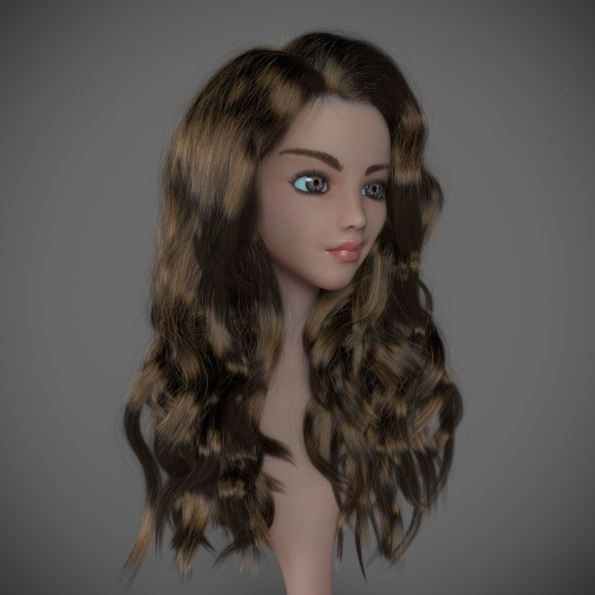 Girl long curly hair for production render with all modifiers 3D model_1