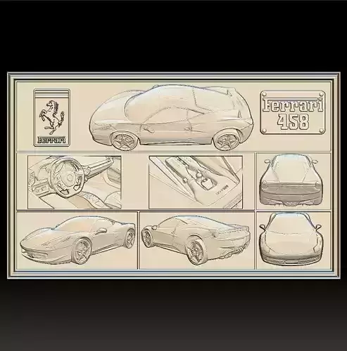 Ferrari 458 v2 relief Panno STL File for CNC Relief engraving 3D model