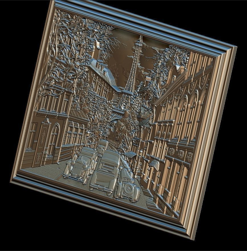 Paris Panno with Classic Cars STL File for CNC Relief engraving 3D model_8