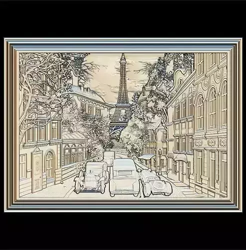Paris Panno with Classic Cars STL File for CNC Relief engraving