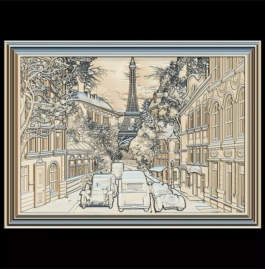 Paris Panno with Classic Cars STL File for CNC Relief engraving 3D model_0